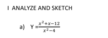 I ANALYZE AND SKETCH
a) =:
х2+x-12
Y :
x²-4

