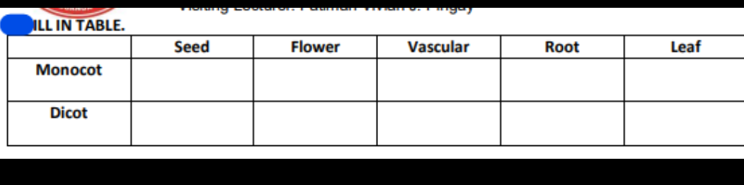 ILL IN TABLE.
Seed
Flower
Vascular
Root
Leaf
Monocot
Dicot
