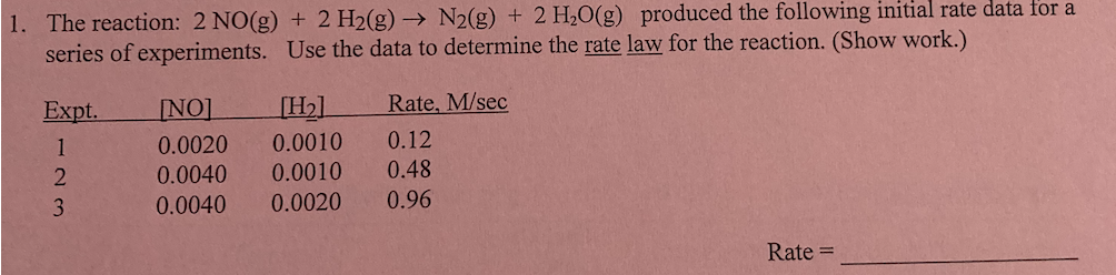 1. The reaction: 2 NO(g) + 2 H2(g) → N2(g) + 2 H20(g) produced the following initial rate data for a
series of experiments. Use the data to determine the rate law for the reaction. (Show work.)
Expt.
INO]
[H2]
Rate, M/sec
1
0.0020
0.0010
0.12
0.0040
0.0010
0.48
3
0.0040
0.0020
0.96
Rate =
