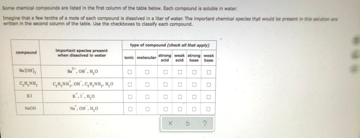 Some chemical compounds are listed in the first column of the table below. Each compound is soluble in water.
Imagine that a few tenths of a mole of each compound is dissolved in a liter of water. The important chemical species that would be present in this solution are
written in the second column of the table. Use the checkboxes to classify each compound.
type of compound (check all that apply)
compound
Important species present
when dissolved in water
ionic molecular
strong weak strong weak
acid acid base base
2+
Ba(OH)₂
Ba, OH, H₂O
0
0
CHẠNH,
C₂H₂NH₂, OH, C₂H₂NH₂, H₂O
но
0
0
0
0
+
ΚΙ
K, I, H₂O
NaOH
Na, OH, H₂O
0
0
X
□
3
?