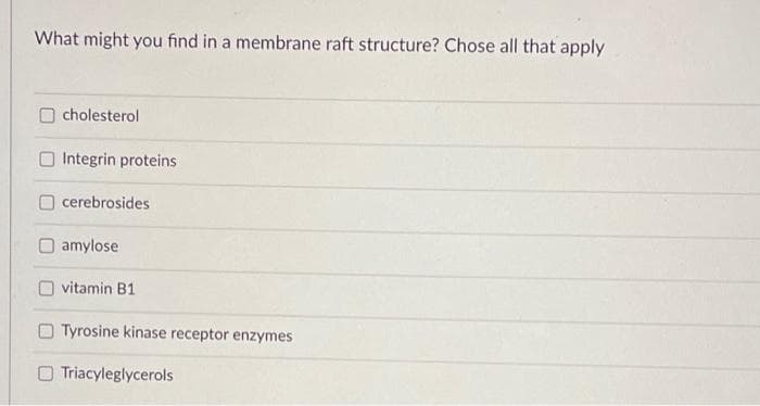 What might you find in a membrane raft structure? Chose all that apply
cholesterol
O Integrin proteins
O cerebrosides
O amylose
vitamin B1
Tyrosine kinase receptor enzymes
O Triacyleglycerols
