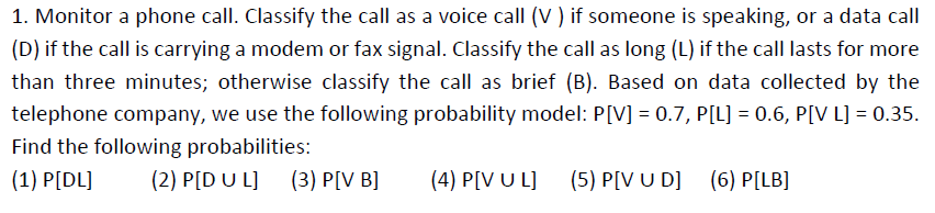 1. Monitor a phone call. Classify the call as a voice call (V ) if someone is speaking, or a data call
(D) if the call is carrying a modem or fax signal. Classify the call as long (L) if the call lasts for more
than three minutes; otherwise classify the call as brief (B). Based on data collected by the
telephone company, we use the following probability model: P[V] = 0.7, P[L] = 0.6, P[V L] = 0.35.
Find the following probabilities:
(1) P[DL]
(2) P[D U L]
(3) P[V B]
(4) P[V U L]
(5) P[V U D] (6) P[LB]

