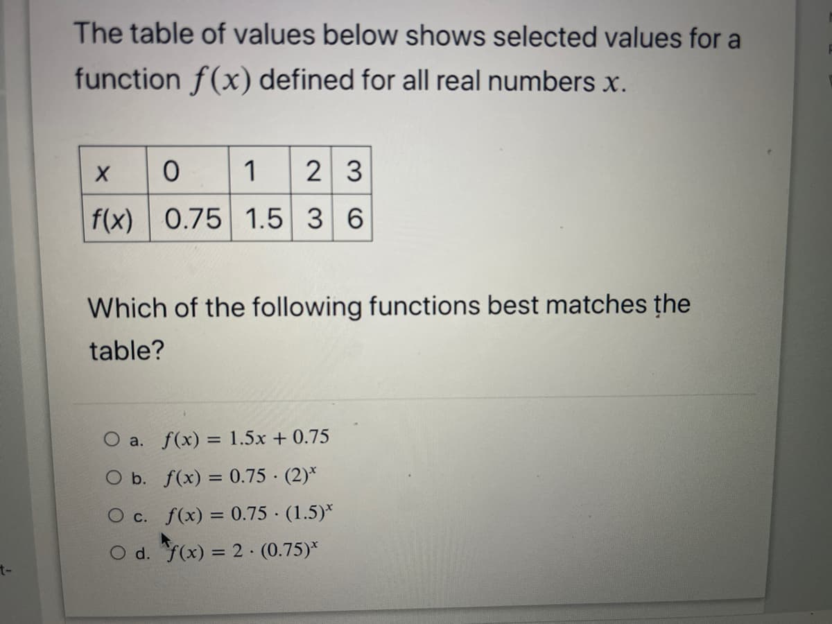 The table of values below shows selected values for a
function f(x) defined for all real numbers x.
1
2 3
f(x) 0.75 1.5 3 6
Which of the following functions best matches the
table?
O a. f(x) = 1.5x + 0.75
O b. f(x) = 0.75 · (2)*
O c. f(x) = 0.75 · (1.5)*
d. f(x) = 2· (0.75)*
t-
