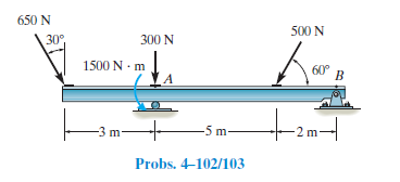 650 N
500 N
30°
300 N
1500 N - m
60°
-3 m-
-5 m-
Probs. 4-102/103
