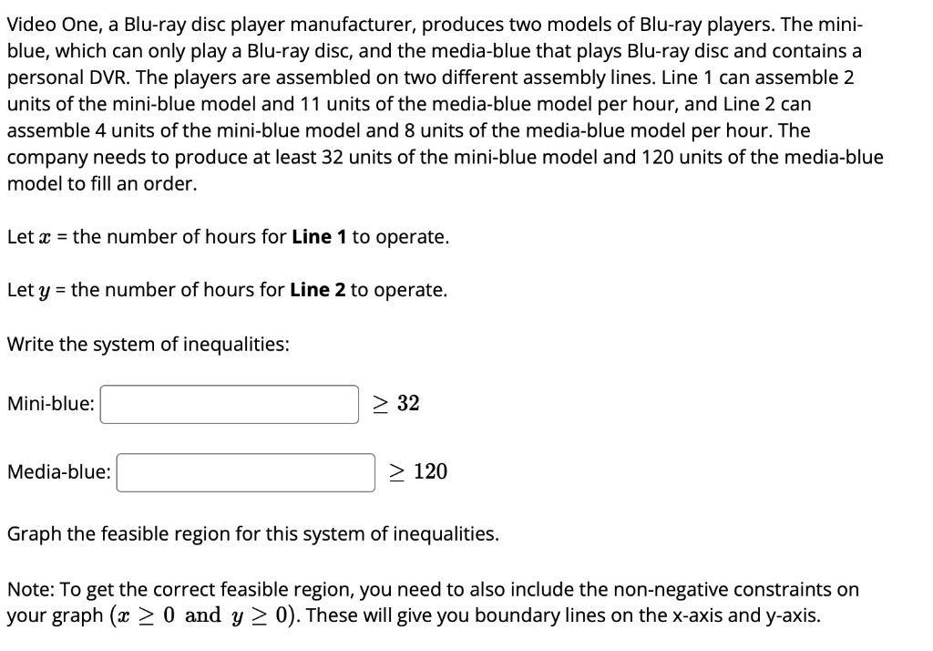 Video One, a Blu-ray disc player manufacturer, produces two models of Blu-ray players. The mini-
blue, which can only play a Blu-ray disc, and the media-blue that plays Blu-ray disc and contains a
personal DVR. The players are assembled on two different assembly lines. Line 1 can assemble 2
units of the mini-blue model and 11 units of the media-blue model per hour, and Line 2 can
assemble 4 units of the mini-blue model and 8 units of the media-blue model per hour. The
company needs to produce at least 32 units of the mini-blue model and 120 units of the media-blue
model to fill an order.
Let x = the number of hours for Line 1 to operate.
Let y = the number of hours for Line 2 to operate.
Write the system of inequalities:
Mini-blue:
> 32
Media-blue:
> 120
Graph the feasible region for this system of inequalities.
Note: To get the correct feasible region, you need to also include the non-negative constraints on
your graph (x > 0 and y > 0). These will give you boundary lines on the x-axis and y-axis.
