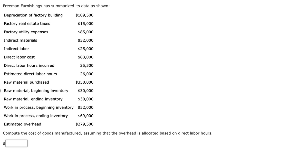 Freeman Furnishings has summarized its data as shown:
Depreciation of factory building
$109,500
Factory real estate taxes
$15,000
Factory utility expenses
$85,000
Indirect materials
$32,000
Indirect labor
$25,000
Direct labor cost
$83,000
Direct labor hours incurred
25,500
Estimated direct labor hours
26,000
Raw material purchased
$350,000
Raw material, beginning inventory
$30,000
Raw material, ending inventory
$30,000
Work in process, beginning inventory $52,000
Work in process, ending inventory
$69,000
Estimated overhead
$279,500
Compute the cost of goods manufactured, assuming that the overhead is allocated based on direct labor hours.
