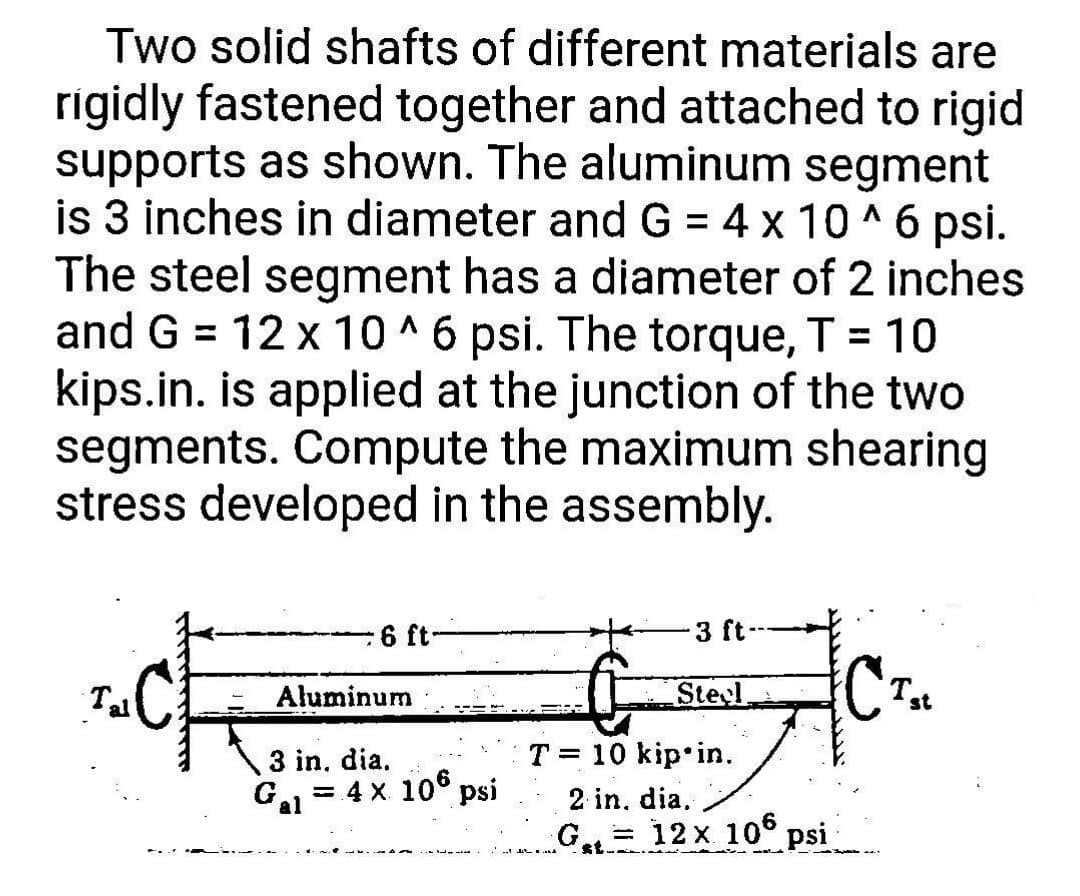 Two solid shafts of different materials are
rigidly fastened together and attached to rigid
supports as shown. The aluminum segment
is 3 inches in diameter and G = 4 x 10^6 psi.
The steel segment has a diameter of 2 inches
and G = 12 x 10^6 psi. The torque, T = 10
kips.in. is applied at the junction of the two
segments. Compute the maximum shearing
stress developed in the assembly.
6 ft-
3 ft-
Tal
CTSt
Aluminum
Steel
3 in. dia.
T = 10 kip in.
Gal = 4 x 106 psi
2 in. dia.
G
-
12 x 106 psi