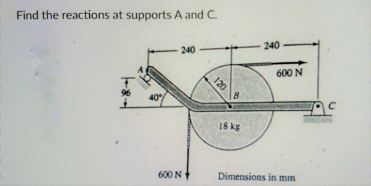Find the reactions at supports A and C.
240-
240
600 N
96
40
B.
C
18 kg
600 N
Dimensions in mm
120
