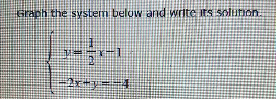 Graph the system below and write its solution.
1
2
-2x+y=-4
x-1