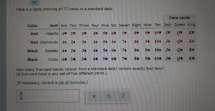 Here is a table showing all 52 cards in a standard deck,
Face cards
Color
Suit Ace Two Three Four Five Six Seven Eight Nine Ten Jack Queen King
Red
Hearts AV
2
3
5 6
7
10 JV
KV
Red Diamonds4
2+
3+
5+
6+
7+
9+
10+
K
Black
Spades A 24
34
4
54 64
74
84
94
104
Je
KA
Black
Clubs 44 24
34
44
54 64
74
84
94
104 JA
KA
from a standard deck) contain exactly four tens?
How many five-card hands (dra
(A five-card hand is any set of five different cards.)
(If necessary, consult a list of formulas.)
