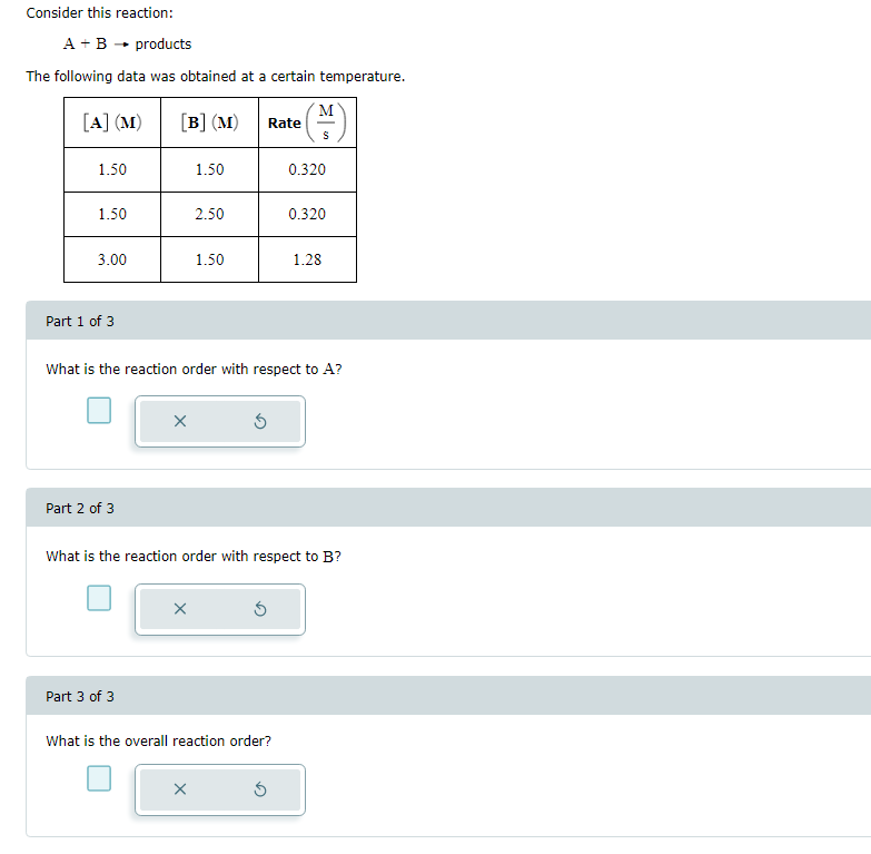 Consider this reaction:
A + B → products
The following data was obtained at a certain temperature.
[A] (M)
1.50
1.50
3.00
Part 1 of 3
Part 2 of 3
[B] (M)
Part 3 of 3
X
1.50
X
2.50
1.50
X
What is the reaction order with respect to A?
3
Rate
What is the overall reaction order?
M
S
What is the reaction order with respect to B?
Ś
0.320
0.320
1.28