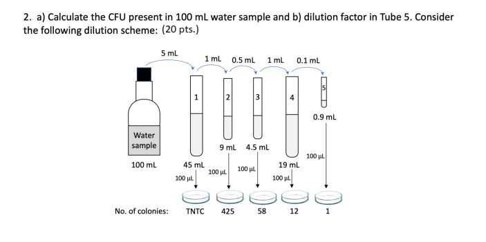 2. a) Calculate the CFU present in 100 mL water sample and b) dilution factor in Tube 5. Consider
the following dilution scheme: (20 pts.)
5 ml
1 ml 0.5 ml 1 ml
0.1 ml
0.9 ml
Water
sample
9 mL
4.5 mL
100 μL
100 ml
45 ml
19 ml
100 ul
100 ul
100 μι
100 μL
No. of colonies:
TNTC
425
58
12
1
3.
