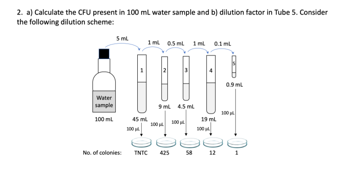2. a) Calculate the CFU present in 100 mL water sample and b) dilution factor in Tube 5. Consider
the following dilution scheme:
5 ml
1 ml 0.5 ml 1 ml
0.1 ml
0.9 ml
Water
sample
9 mL
4.5 mL
100 μL
100 ml
45 ml
19 ml
100 ul
100 ul
100 μι
100 μL
No. of colonies:
TNTC
425
58
12
1
3.
