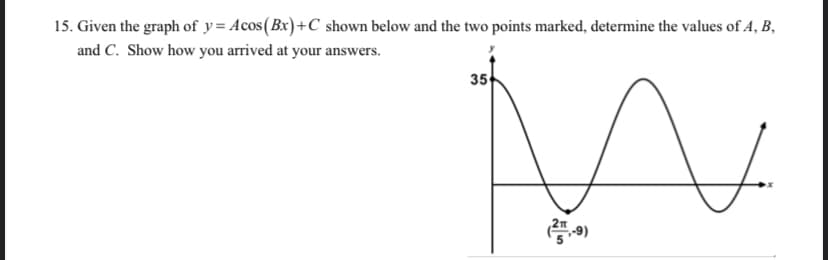 15. Given the graph of y= Acos(Bx)+C shown below and the two points marked, determine the values of 4, B,
and C. Show how you arrived at your answers.
35
