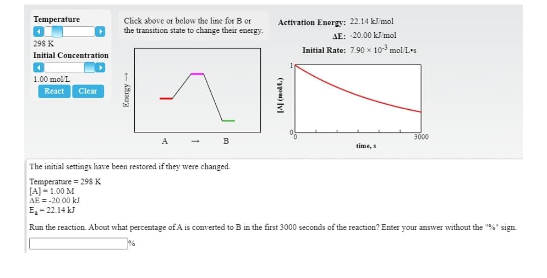 Temperature
Activation Energy: 22.14 kJ/mol
AE: -20.00 kJ/mol
Click above or below the line for B or
the transition state to change their energy.
298 K
Initial Rate: 7.90 × 10-3 mol/L•s
Initial Concentration
1.00 mol/L
React
Clear
3000
A
B
time, s
The initial settings have been restored if they were changed.
Temperature = 298 K
[A] = 1.00 M
AE = -20.00 kJ
E = 22.14 kJ
Run the reaction. About what percentage of A is converted to B in the first 3000 seconds of the reaction? Enter your answer without the "%" sign.
Energy -
(Tom) [v]
