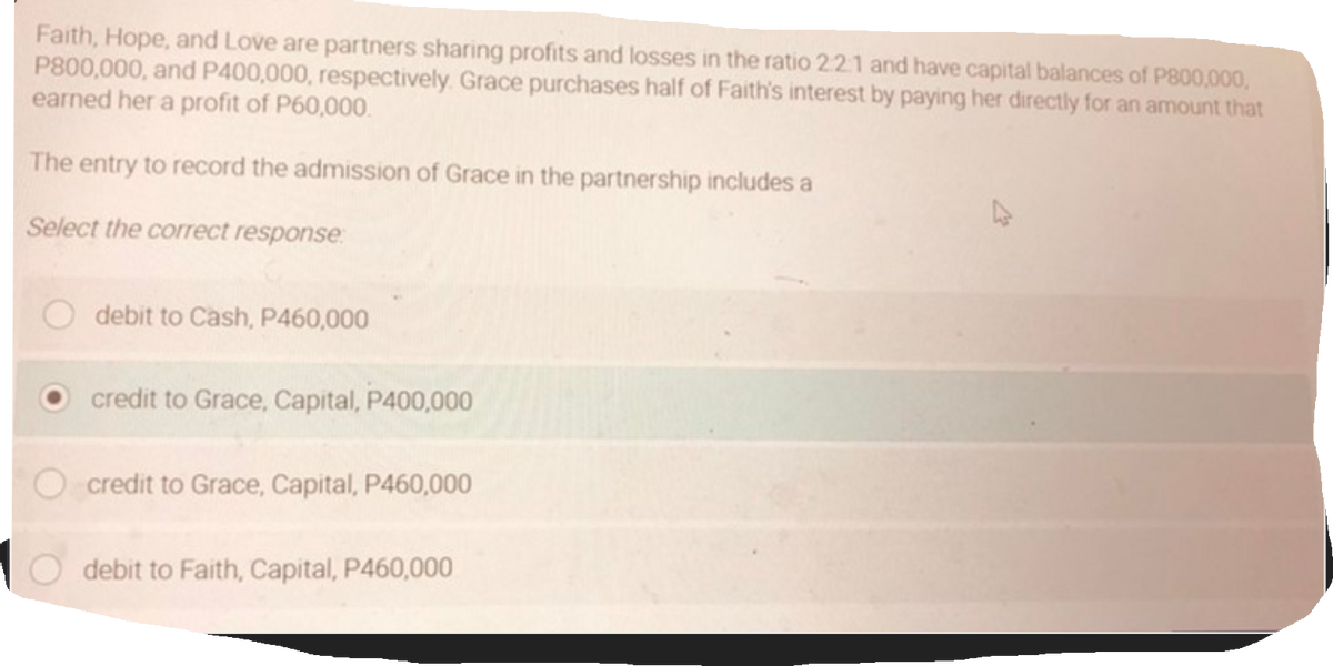 Faith, Hope, and Love are partners sharing profits and losses in the ratio 22 1 and have capital balances of P800,000,
P800,000, and P400,000, respectively. Grace purchases half of Faith's interest by paying her directly for an amount that
earned her a profit of P60,000.
The entry to record the admission of Grace in the partnership includes a
Select the correct response
debit to Cash, P460,000
credit to Grace, Capital, P400,000
credit to Grace, Capital, P460,000
debit to Faith, Capital, P460,000
