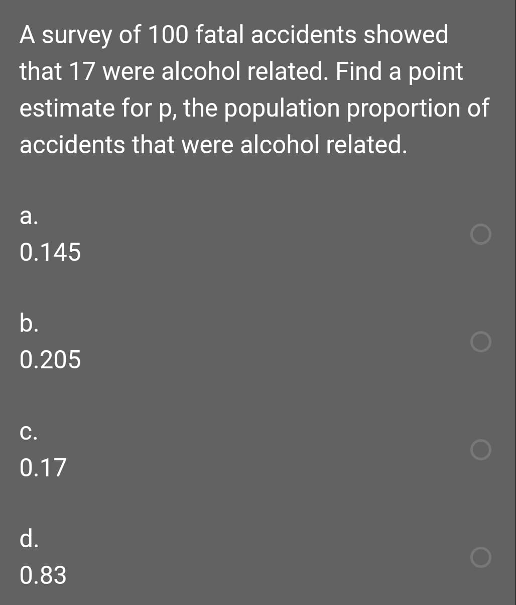 A
A survey of 100 fatal accidents showed
that 17 were alcohol related. Find a point
estimate for p, the population proportion of
accidents that were alcohol related.
a.
0.145
b.
0.205
С.
0.17
d.
0.83
