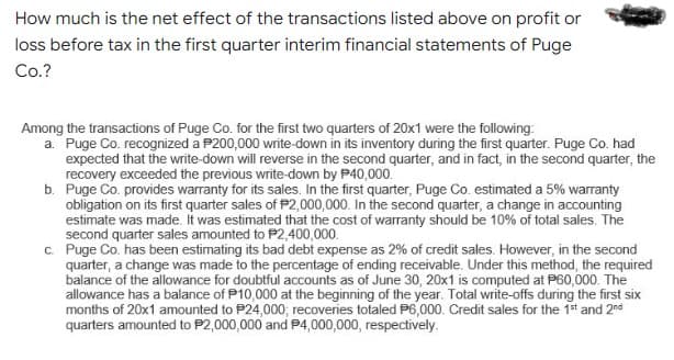How much is the net effect of the transactions listed above on profit or
loss before tax in the first quarter interim financial statements of Puge
Co.?
Among the transactions of Puge Co. for the first two quarters of 20x1 were the following:
a. Puge Co. recognized a P200,000 write-down in its inventory during the first quarter. Puge Co. had
expected that the write-down will reverse in the second quarter, and in fact, in the second quarter, the
recovery exceeded the previous write-down by P40,000.
b. Puge Co. provides warranty for its sales. In the first quarter, Puge Co. estimated a 5% warranty
obligation on its first quarter sales of P2,000,000. In the second quarter, a change in accounting
estimate was made. It was estimated that the cost of warranty should be 10% of total sales. The
second quarter sales amounted to P2,400,000.
c. Puge Co. has been estimating its bad debt expense as 2% of credit sales. However, in the second
quarter, a change was made to the percentage of ending receivable. Under this method, the required
balance of the allowance for doubtful accounts as of June 30, 20x1 is computed at P60,000. The
allowance has a balance of P10,000 at the beginning of the year. Total write-offs during the first six
months of 20x1 amounted to P24,000; recoveries totaled P6,000. Credit sales for the 1t and 2nd
quarters amounted to P2,000,000 and P4,000,000, respectively.
