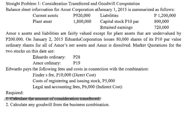 Straight Problem 1: Consideration Transferred and Goodwill Computation
Balance sheet information for Amor Corporation atJanuary 1, 2015 is summarized as follows:
P 1,200,000
800,000
720,000
Current assets
P920,000
Liabilities
Plant asset
1,800,000
Capital stock P10 par
Retained earnings
Amor s assets and liabilities are fairly valued except for plant assets that are undervalued by
P200.000. On January 2, 2015 EduardoCorporation issues 80,000 shares of its P10 par value
ordinary shares for all of Amor's net assets and Amor is dissolved. Market Quotations for the
two stocks on this date are:
Eduardo ordinary:
Amor ordinary:
P28
P19
Edwardo pays the following fees and costs in connection with the combination:
Finder s fee, P10,000 (Direct Cost)
Costs of registering and issuing stock, P5,000
Legal and accounting fees, P6,000 (Indirect Cost)
Required:
teatcutate the amount ofconsideration transferred:
2. Calculate any goodwill from the business combination.
