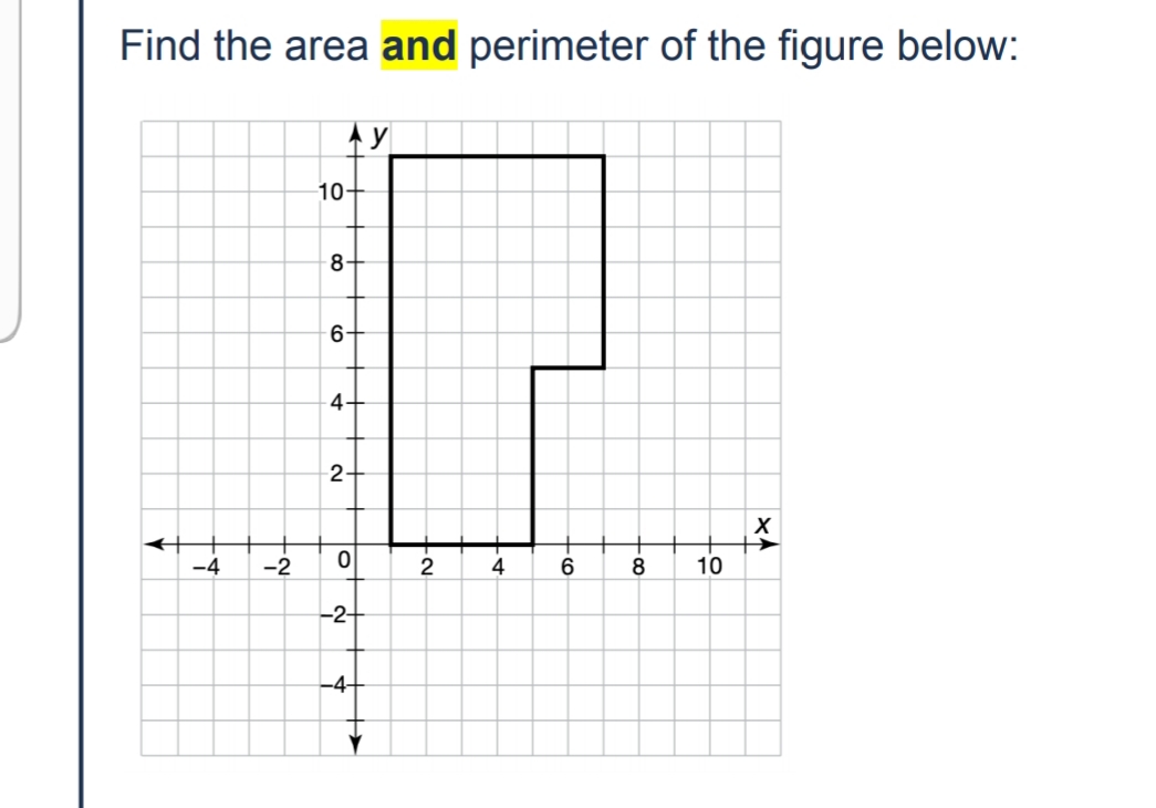 Find the area and perimeter of the figure below:
10-
8-
6-
4-
2-
-4
-2
2
4
8
10
-2-
-4-
- o
