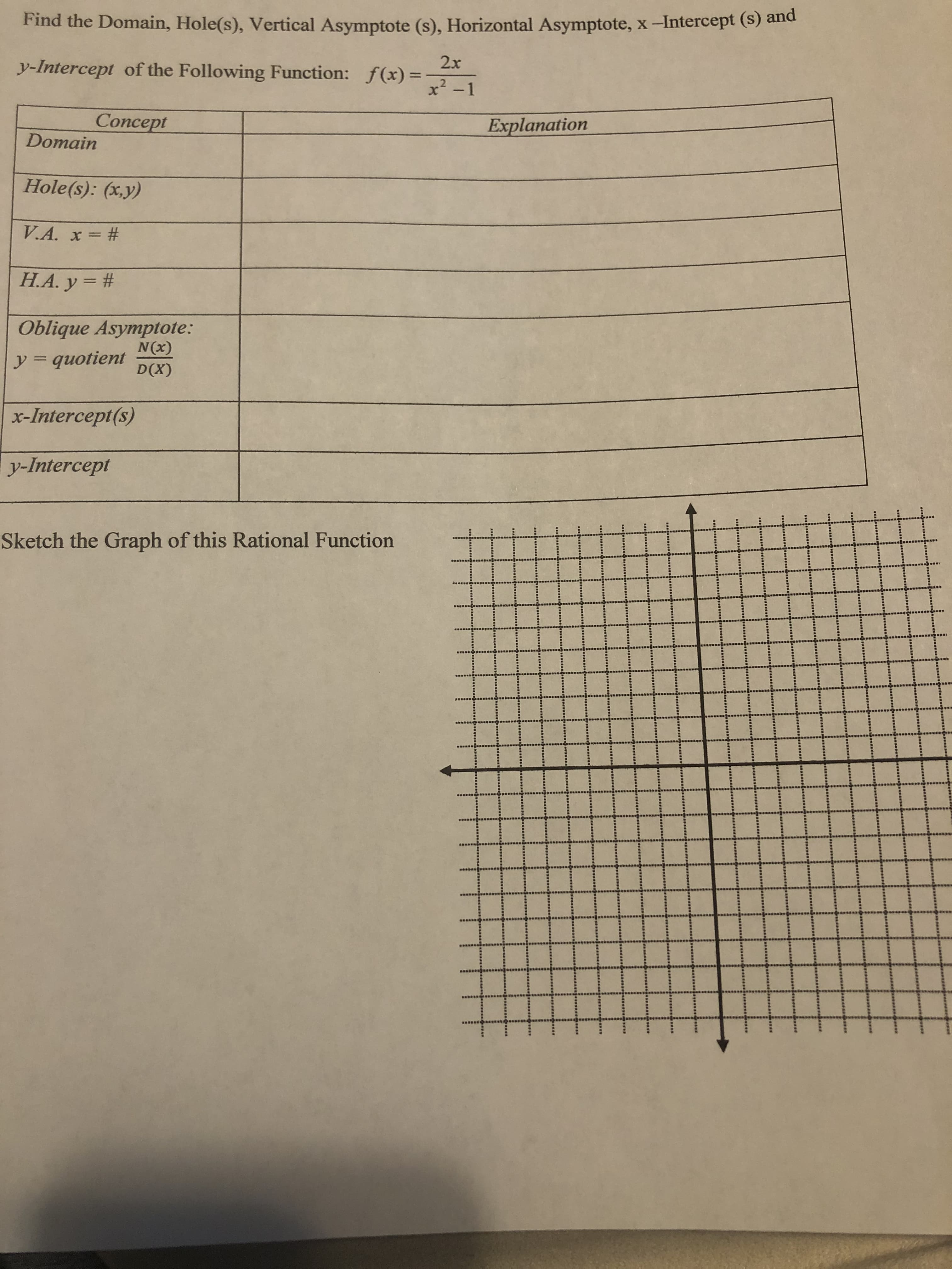 Find the Domain, Hole(s), Vertical Asymptote (s), Horizontal Asymptote, x-Intercept (s) and
2x
y-Intercept of the Following Function: f(x) =
%3D
x² -1
