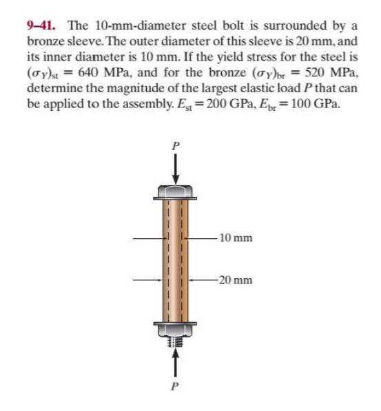 9-41. The 10-mm-diameter steel bolt is surrounded by a
bronze sleeve. The outer diameter of this sleeve is 20 mm, and
its inner diameter is 10 mm. If the yield stress for the steel is
(oy) = 640 MPa, and for the bronze (oy)r = 520 MPa,
determine the magnitude of the largest elastic load P that can
be applied to the assembly. Eg = 200 GPa, Ep = 100 GPa.
P
-10 mm
-20 mm
P
