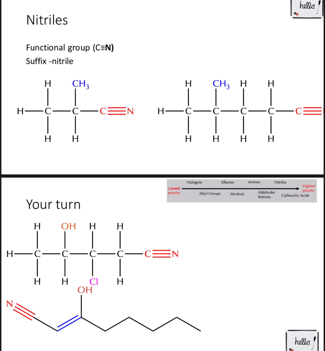 hello.
Nitriles
Functional group (C=N)
Suffix -nitrile
H
CH3
H
CH3 H H
H FC
-C-
EN
H-
C-
C
C-
H H
н н н н
Halogens
Alkenes
Amines
Nitriles
Highest
priority
Carboxylic Acids
Lowest
priority
Alkyl Groups
Aldehydes
Ketones
Alcohols
Your turn
H
ОН
H
H
Н—с-
C-
C-CEN
н н
CI
H
ОН
hello.
