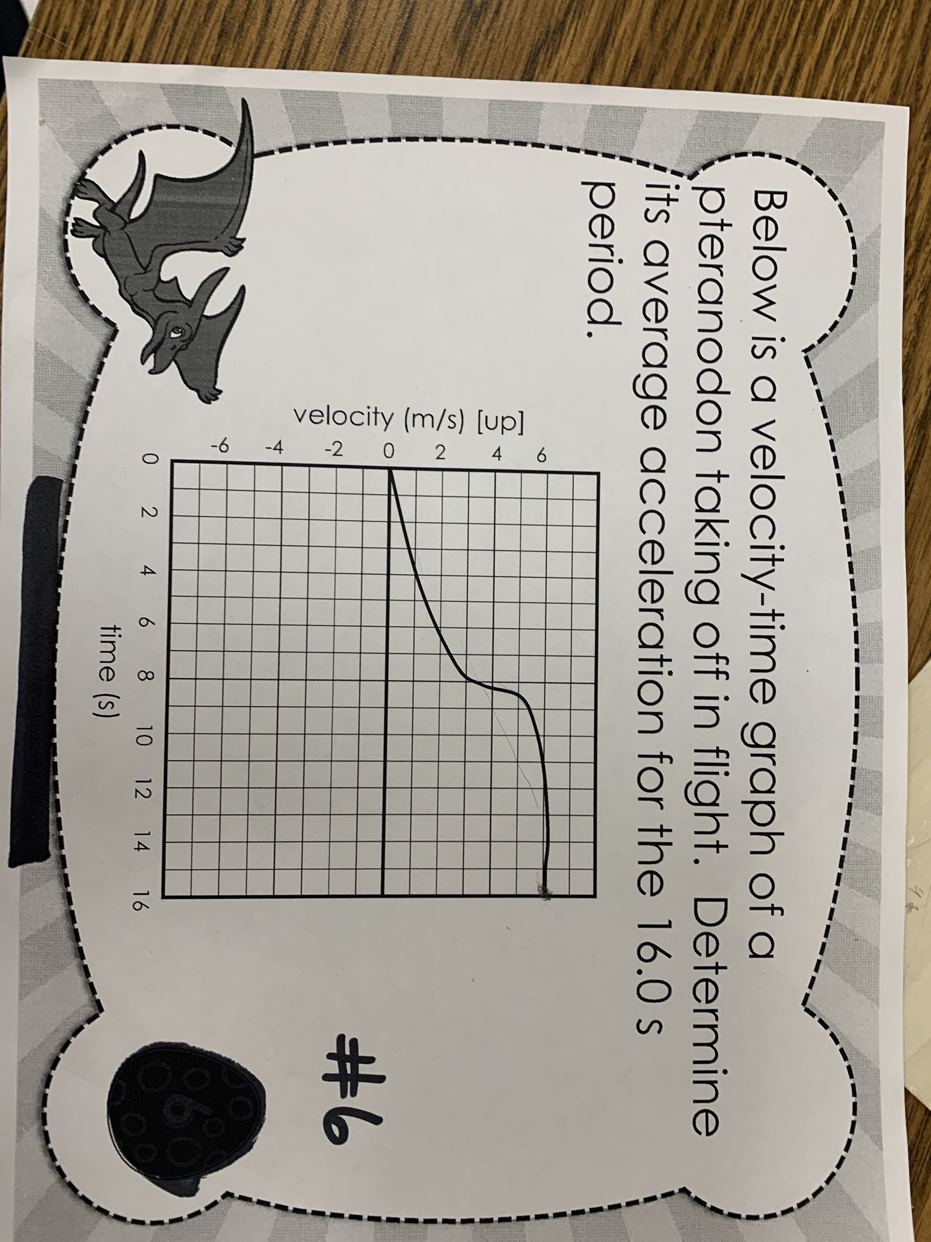 Below is a velocity-time graph of a
pteranodon taking off in flight. Determine
its average acceleration for the 16.0s
period.
2.
#6
0 2 4 6 8
10 12 14 16
time (s)
velocity (m/s) [up]
9-
-4 -2 0
