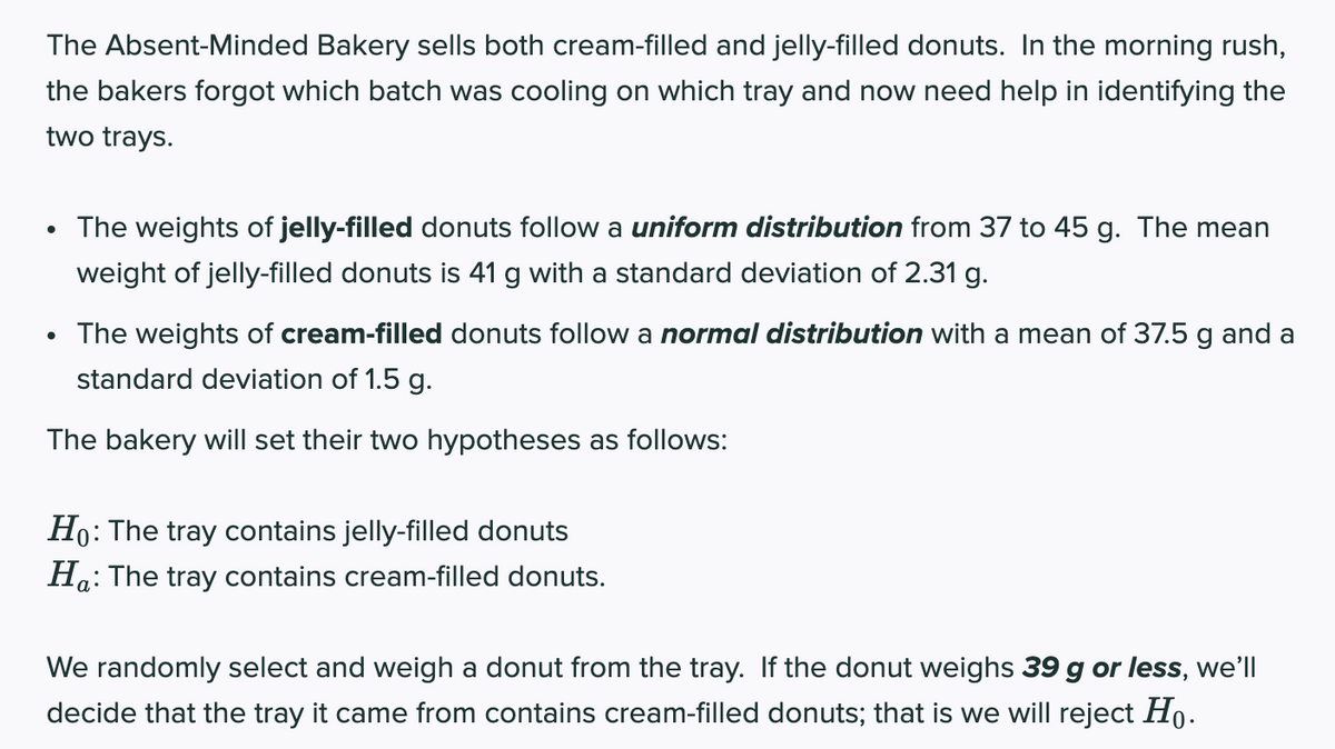 The Absent-Minded Bakery sells both cream-filled and jelly-filled donuts. In the morning rush,
the bakers forgot which batch was cooling on which tray and now need help in identifying the
two trays.
The weights of jelly-filled donuts follow a uniform distribution from 37 to 45 g. The mean
weight of jelly-filled donuts is 41 g with a standard deviation of 2.31 g.
The weights of cream-filled donuts follow a normal distribution with a mean of 37.5 g and a
standard deviation of 1.5 g.
The bakery will set their two hypotheses as follows:
Ho: The tray contains jelly-filled donuts
Ha: The tray contains cream-filled donuts.
We randomly select and weigh a donut from the tray. If the donut weighs 39 g or less, we'll
decide that the tray it came from contains cream-filled donuts; that is we will reject Ho.

