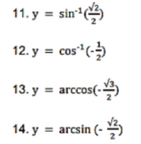 11. y = sin
12. y = cos*(-)
13. y = arccos(-)
%3D
14. y = arcsin (- 5
