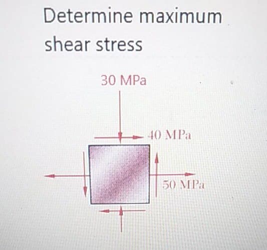 Determine maximum
shear stress
30 MPa
40 MPa
50 MPa
