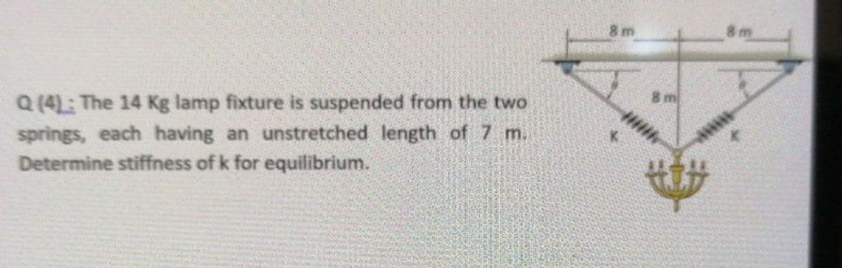 8 m
8 m
Q (41: The 14 Kg lamp fixture is suspended from the two
springs, each having an unstretched length of 7 m.
Determine stiffness of k for equilibrium.
