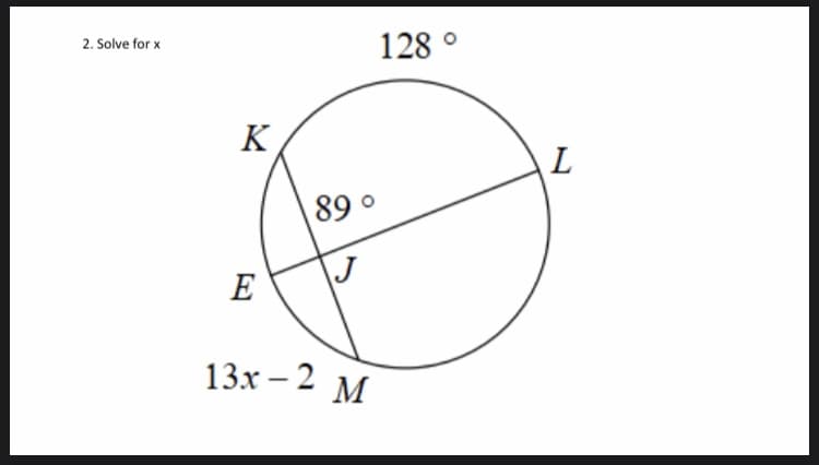 128 °
2. Solve for x
K
L
89 °
J
E
13x – 2 M
