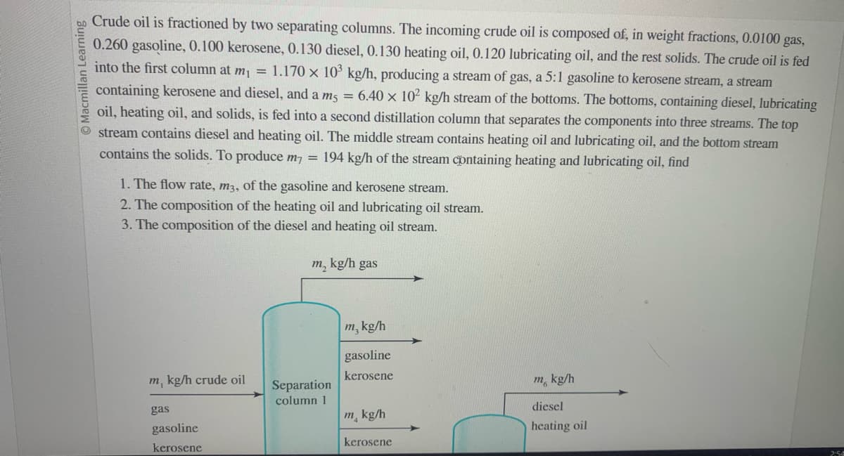 O Macmillan Learning
Crude oil is fractioned by two separating columns. The incoming crude oil is composed of, in weight fractions, 0.0100 gas,
0.260 gasoline, 0.100 kerosene, 0.130 diesel, 0.130 heating oil, 0.120 lubricating oil, and the rest solids. The crude oil is fed
into the first column at m₁ = 1.170 x 103 kg/h, producing a stream of gas, a 5:1 gasoline to kerosene stream, a stream
containing kerosene and diesel, and a m5 = 6.40 x 10² kg/h stream of the bottoms. The bottoms, containing diesel, lubricating
oil, heating oil, and solids, is fed into a second distillation column that separates the components into three streams. The top
stream contains diesel and heating oil. The middle stream contains heating oil and lubricating oil, and the bottom stream
contains the solids. To produce m7 = 194 kg/h of the stream containing heating and lubricating oil, find
1. The flow rate, m3, of the gasoline and kerosene stream.
2. The composition of the heating oil and lubricating oil stream.
3. The composition of the diesel and heating oil stream.
m₂ kg/h gas
m, kg/h crude oil
gas
gasoline
kerosene
Separation
column 1
m₂ kg/h
gasoline
kerosene
m kg/h
kerosene
m, kg/h
diesel
heating oil