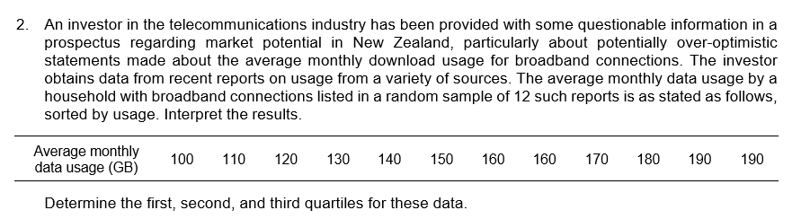 2. An investor in the telecommunications industry has been provided with some questionable information in a
prospectus regarding market potential in New Zealand, particularly about potentially over-optimistic
statements made about the average monthly download usage for broadband connections. The investor
obtains data from recent reports on usage from a variety of sources. The average monthly data usage by a
household with broadband connections listed in a random sample of 12 such reports is as stated as follows,
sorted by usage. Interpret the results.
Average monthly
data usage (GB)
100
110
120
130
140
150
160
160
170
180
190
190
Determine the first, second, and third quartiles for these data.
