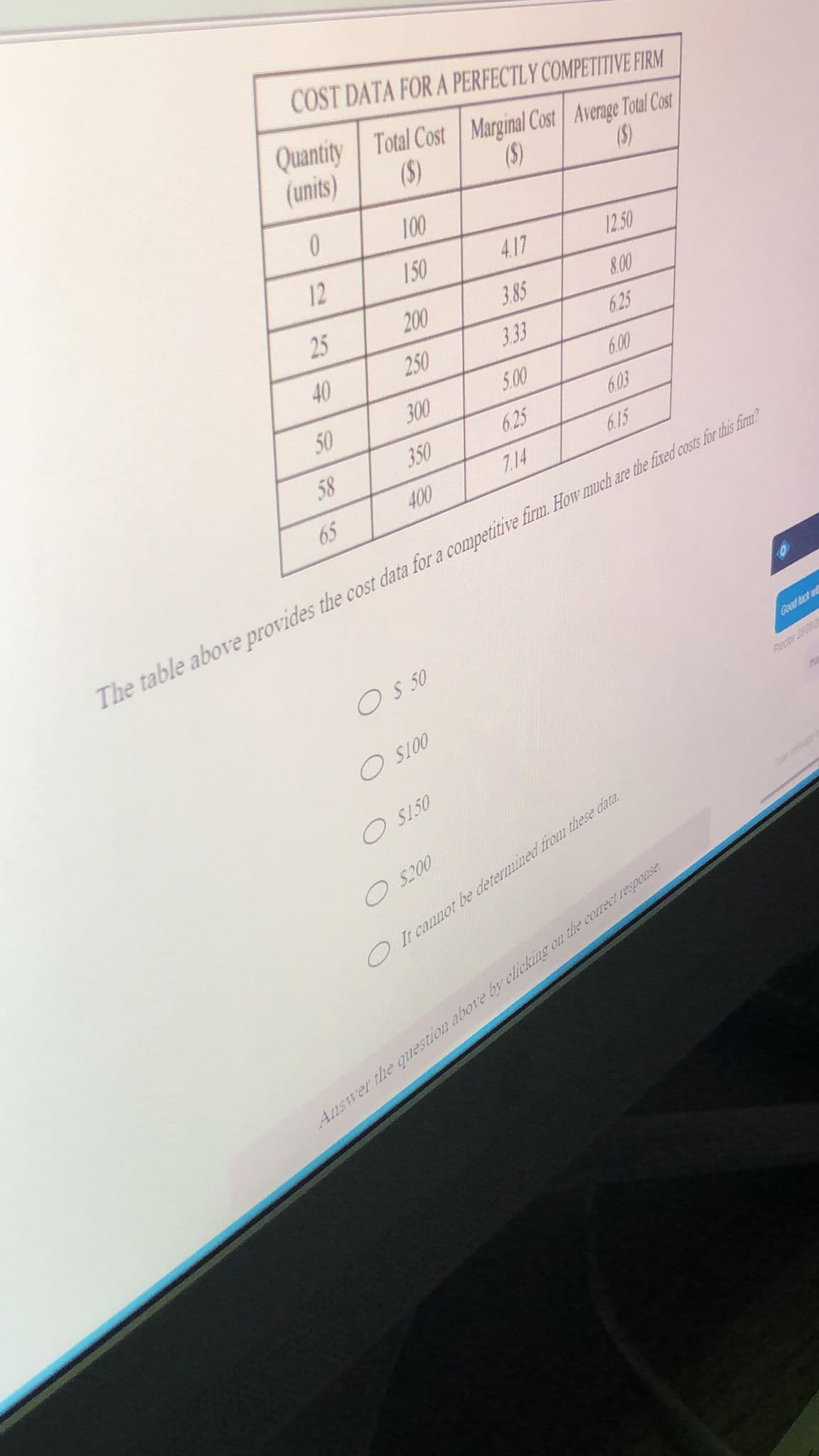COST DATA FOR A PERFECTLY COMPETITIVE FIRM
Quantity Total Cost Marginal Cost Average Total Cost
(units)
($)
(S)
(S)
100
12
150
4.17
12.50
25
200
3.85
8.00
40
250
3.33
6.25
50
300
5.00
6.00
58
350
6.25
6.03
7.14
6.15
65
400
The table above provides the cost data for a competitive firm. How much are the fixed costs for this fim?
O S 50
Good luck w
O SI00
Proctor 2800
O S150
O S200
The mess
OIt cannot be determined from these data.
Answer the question above by clicking on the correct response
