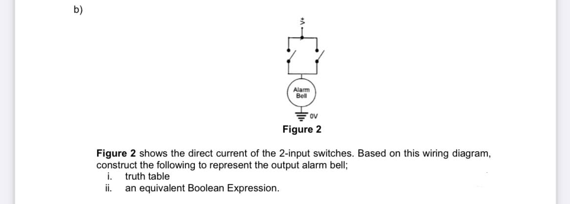 b)
Figure 2 shows the direct current of the 2-input switches. Based on this wiring diagram,
construct the following to represent the output alarm bell;
i. truth table
ii. an equivalent Boolean Expression.
HONE
Alarm
Bell
Figure 2