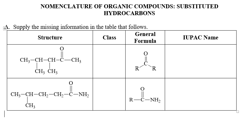 NOMENCLATURE OF ORGANIC COMPOUNDS: SUBSTITUTED
HYDROCARBONS
A. Supply the missing information in the table that follows.
General
Structure
Class
IUPAC Name
Formula
CH3-CH-CH-ċ-CH3
R
R
CH; ČH3
CH3-CH-CH,-CH,-C-NH,
|
R-C-NH2
ČH3
