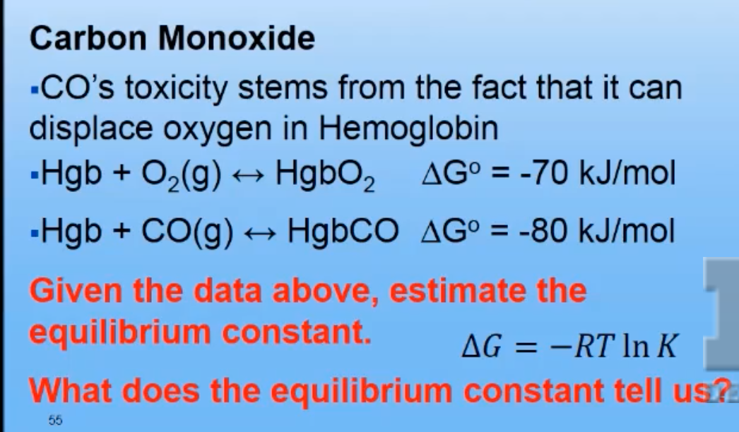 Carbon Monoxide
-CO's toxicity stems from the fact that it can
displace oxygen in Hemoglobin
•Hgb + O2(g)
→ HgbO,
AG° = -70 kJ/mol
+ CO(g) → HgbCO AG° = -80 kJ/mol
Given the data above, estimate the
equilibrium constant.
AG = –RT In K
What does the equilibrium constant tell us?
55
