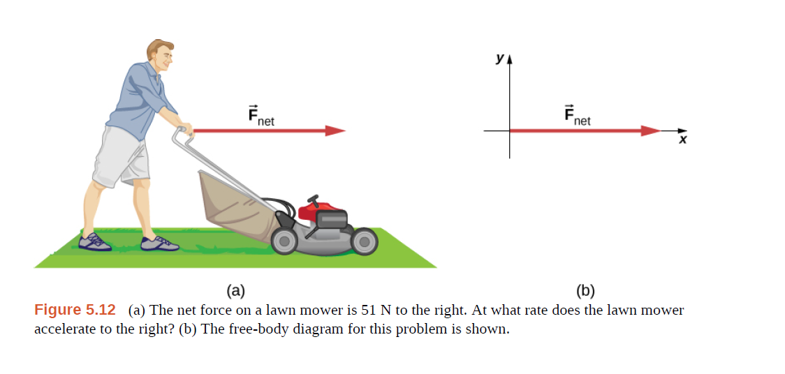 YA
Fnet
Fnet
(a)
(b)
Figure 5.12 (a) The net force on a lawn mower is 51 N to the right. At what rate does the lawn mower
accelerate to the right? (b) The free-body diagram for this problem is shown.
