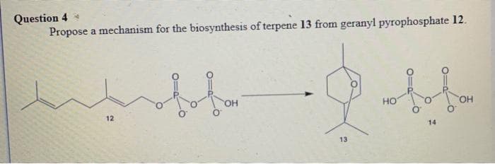 Question 4
Propose a mechanism for the biosynthesis of terpene 13 from geranyl pyrophosphate 12.
HO.
но
HO,
12
14
13
