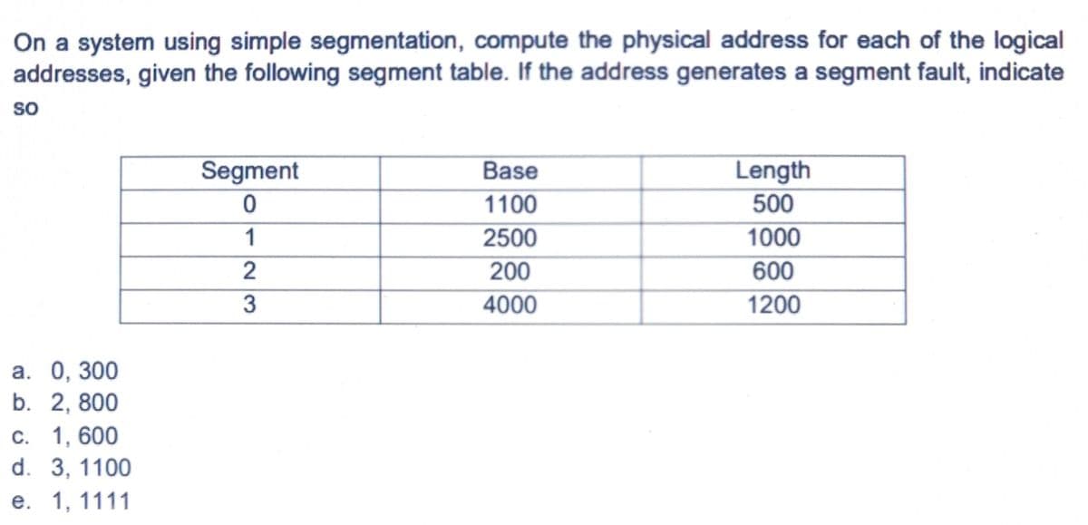 On a system using simple segmentation, compute the physical address for each of the logical
addresses, given the following segment table. If the address generates a segment fault, indicate
SO
Length
500
Segment
Base
1100
1
2500
1000
200
600
3
4000
1200
а. 0, 300
b. 2, 800
C. 1, 600
d. 3, 1100
е. 1, 1111
