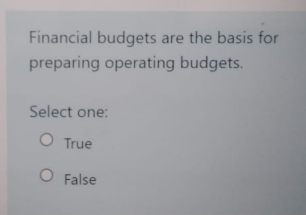 Financial budgets are the basis for
preparing operating budgets.
Select one:
O True
O False
