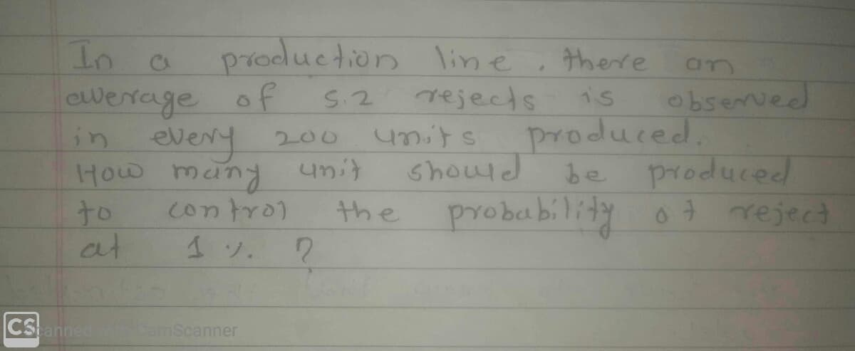 In
Cwerrage of
in
production line, there
an
observed
produced.
produced
the probebilliy ot rejed
S.2
rejects
is
every 200
How muny unit
control
should
be
to
at
4ソ. 2
CStanned
amScanner

