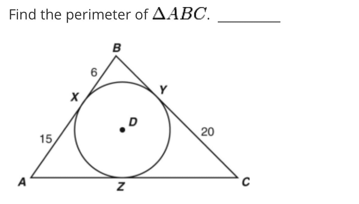 Find the perimeter of AABC.
B
Y
D
20
15
A
N
