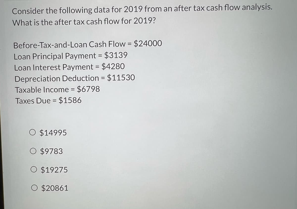 Consider the following data for 2019 from an after tax cash flow analysis.
What is the after tax cash flow for 2019?
Before-Tax-and-Loan Cash Flow = $24000
Loan Principal Payment = $3139
Loan Interest Payment = $4280
Depreciation Deduction = $11530
Taxable Income = $6798
Taxes Due = $1586
O $14995
O $9783
O $19275
O $20861