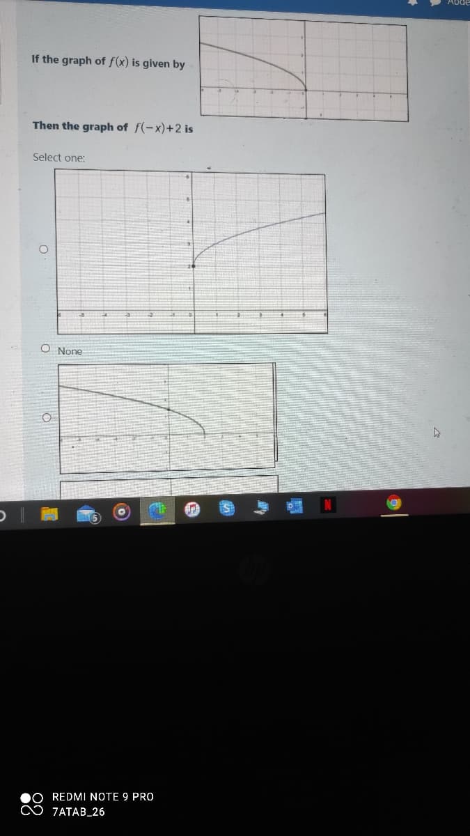 If the graph of f(x) is given by
Then the graph of f(-x)+2 is
Select one:
O None
REDMI NOTE 9 PRO
ZATAB_26
