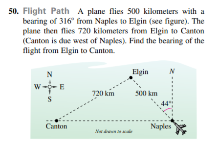 50. Flight Path A plane flies 500 kilometers with a
bearing of 316° from Naples to Elgin (see figure). The
plane then flies 720 kilometers from Elgin to Canton
(Canton is due west of Naples). Find the bearing of the
flight from Elgin to Canton.
N
Elgin
N
W -0- E
720 km
500 km
S
44°
Canton
Naples
Not drawn to scale

