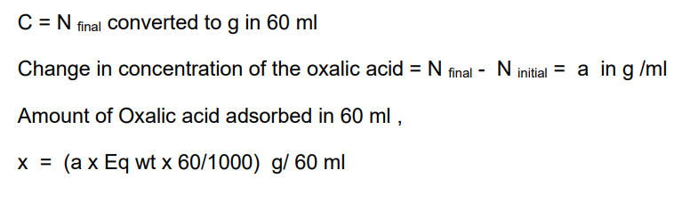 C = N final converted to g in 60 ml
Change in concentration of the oxalic acid = N final - N initial = a in g/ml
Amount of Oxalic acid adsorbed in 60 ml,
x = (a x Eq wt x 60/1000) g/ 60 ml