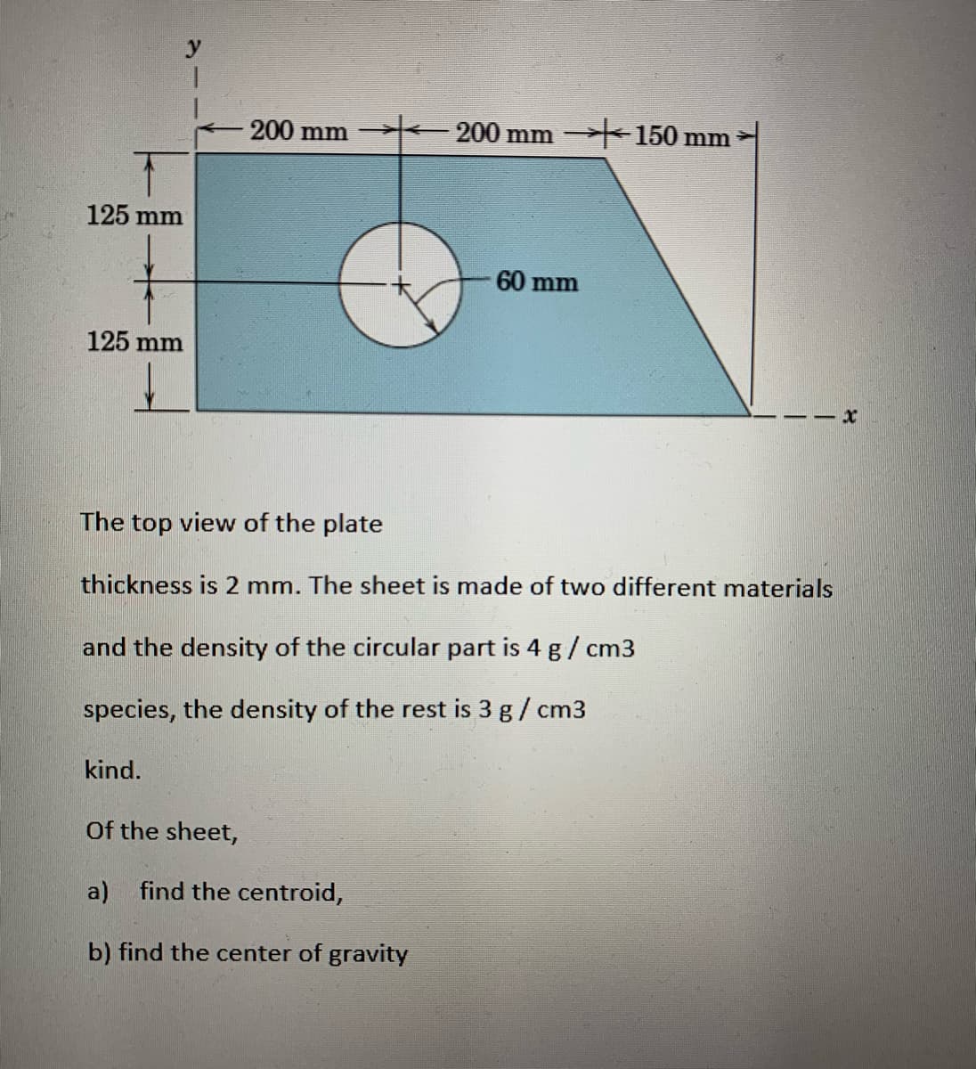 1.
200 mm
200 mm 150 mm
125 mm
60 mm
125 mm
The top view of the plate
thickness is 2 mm. The sheet is made of two different materials
and the density of the circular part is 4 g/ cm3
species, the density of the rest is 3 g/ cm3
kind.
Of the sheet,
a) find the centroid,
b) find the center of gravity
